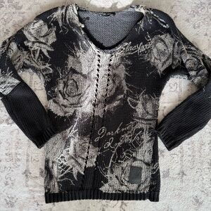 Y2K Goth Grunge Rose graphic  Knit Sweater Vintage 2000s Black V Neck Top